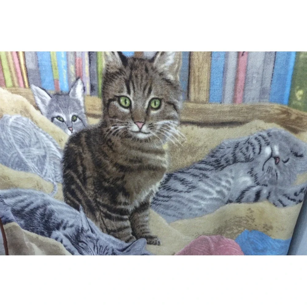 Vtg Cats in Library Bookshelf Fleece Throw Blanket Kittens Plush Cottage Whimsy